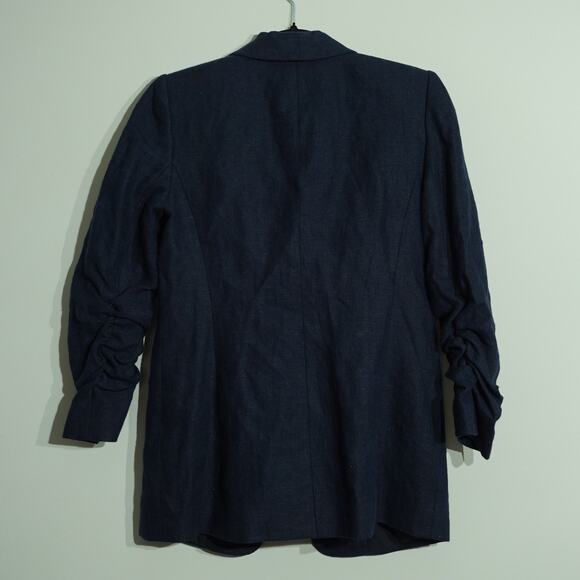 Tahari Womens 100% Linen Shawl Lapel Blazer Jacket Ruched Sleeve Navy Size 4P - Picture 9 of 9